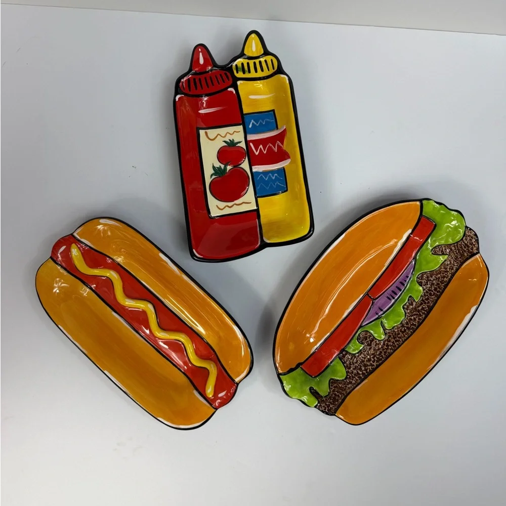 2007 Clay Art Grill Time Ceramic Hand Painted Colorful Hot Dog Condiment Plates